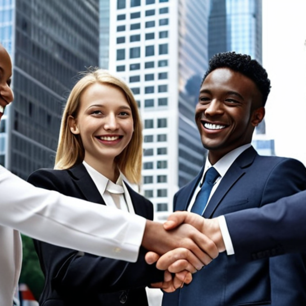 **A diverse group of business professionals from around the world are shaking hands and smiling, with skyscrapers and international flags blurred in the background, symbolizing global business connections.**