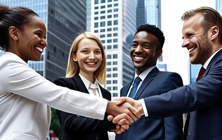 **A diverse group of business professionals from around the world are shaking hands and smiling, with skyscrapers and international flags blurred in the background, symbolizing global business connections.**