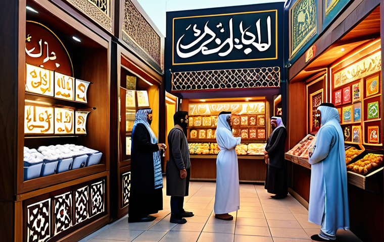 **

A vibrant marketplace scene, blending traditional Arabic bazaar elements with modern e-commerce interfaces projected onto stalls. Shoppers in traditional clothing interact with holographic displays showing products from around the world. Arabic calligraphy subtly integrated into the designs. The image should evoke a sense of global connectivity and opportunity in the digital age of e-commerce.

**