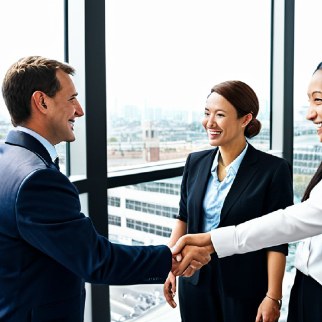 A diverse group of global business professionals, fully clothed in modest, appropriate business attire, engaging in a lively discussion and collaboration at an international conference. They are shaking hands and exchanging ideas in a bright, modern convention center with large windows overlooking a city skyline. The scene highlights global partnerships and networking. perfect anatomy, correct proportions, natural pose, well-formed hands, proper finger count, natural body proportions, professional photography, high quality, safe for work, appropriate content, family-friendly, professional.