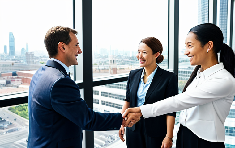 A diverse group of global business professionals, fully clothed in modest, appropriate business attire, engaging in a lively discussion and collaboration at an international conference. They are shaking hands and exchanging ideas in a bright, modern convention center with large windows overlooking a city skyline. The scene highlights global partnerships and networking. perfect anatomy, correct proportions, natural pose, well-formed hands, proper finger count, natural body proportions, professional photography, high quality, safe for work, appropriate content, family-friendly, professional.
