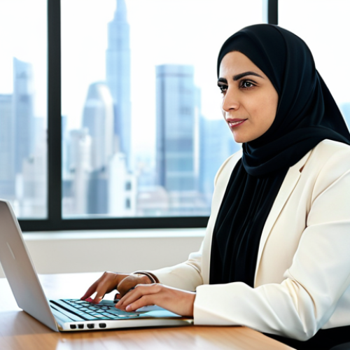 A focused, professional Arab businesswoman, mid-30s, wearing a modest, dark business suit and a light-colored blouse, fully clothed. She is seated comfortably at a sleek, minimalist desk in a modern, sunlit office, participating in a virtual video conference on a high-resolution laptop. Her expression conveys attentiveness and competence. The background features blurred office equipment and a window showing a city skyline. Perfect anatomy, correct proportions, natural pose, well-formed hands resting on the desk, proper finger count. High-quality professional photography, sharp focus, appropriate content, safe for work, family-friendly, professional dress.