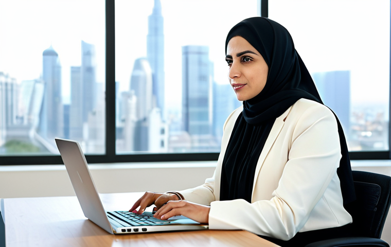 A focused, professional Arab businesswoman, mid-30s, wearing a modest, dark business suit and a light-colored blouse, fully clothed. She is seated comfortably at a sleek, minimalist desk in a modern, sunlit office, participating in a virtual video conference on a high-resolution laptop. Her expression conveys attentiveness and competence. The background features blurred office equipment and a window showing a city skyline. Perfect anatomy, correct proportions, natural pose, well-formed hands resting on the desk, proper finger count. High-quality professional photography, sharp focus, appropriate content, safe for work, family-friendly, professional dress.
