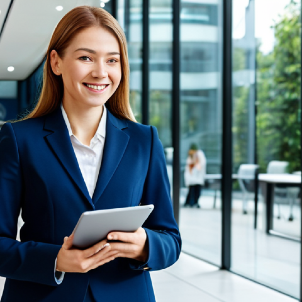 **

A confident businesswoman in a tailored, navy blue business suit, standing in a modern office lobby with glass walls and contemporary furniture. She is holding a tablet and smiling slightly. The scene is bright and professional. Fully clothed, appropriate attire, safe for work, perfect anatomy, natural proportions, professional photography, high quality, family-friendly.

**