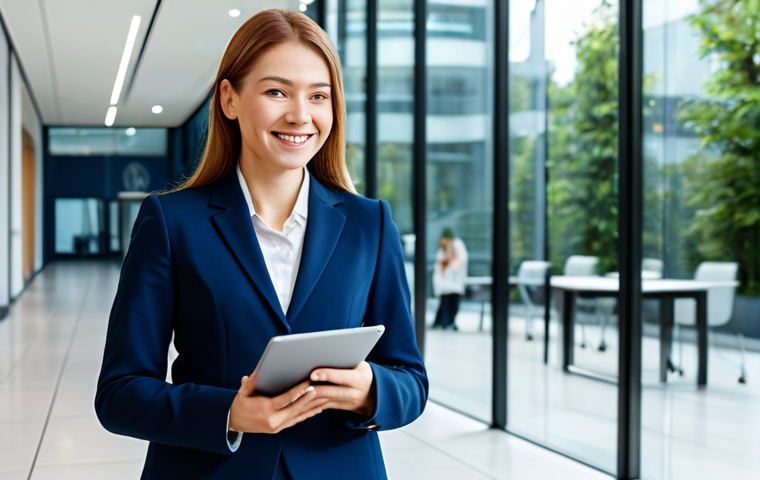 **

A confident businesswoman in a tailored, navy blue business suit, standing in a modern office lobby with glass walls and contemporary furniture. She is holding a tablet and smiling slightly. The scene is bright and professional. Fully clothed, appropriate attire, safe for work, perfect anatomy, natural proportions, professional photography, high quality, family-friendly.

**