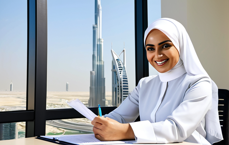 **

"A confident businesswoman wearing a professional, fully clothed, and modest hijab and abaya in a bright, modern office in Dubai, with the Burj Khalifa visible in the background. She is smiling gently while reviewing a document. Perfect anatomy, correct proportions, natural pose, well-formed hands, proper finger count, natural body proportions. Safe for work, appropriate content, professional, family-friendly, high quality."

**