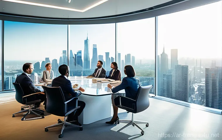 무역영어와 국제무역사 자격증 비교 - **Prompt:** "A high-angle, cinematic photograph of a diverse group of international business profess...