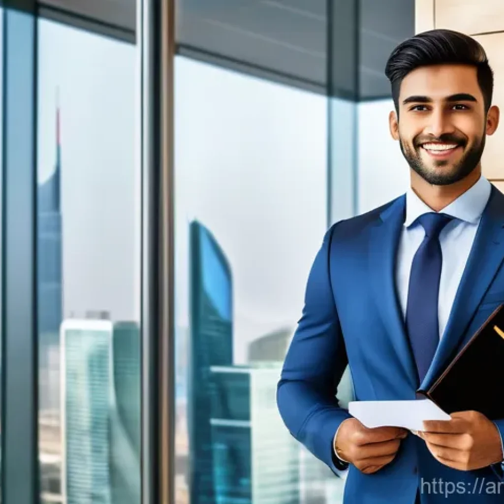 무역영어 자격증의 국가별 인정 현황 - A confident young Arab professional, dressed in a sharp, modern business suit, stands in a sleek, br...