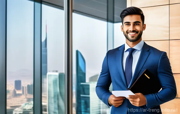 무역영어 자격증의 국가별 인정 현황 - A confident young Arab professional, dressed in a sharp, modern business suit, stands in a sleek, br...