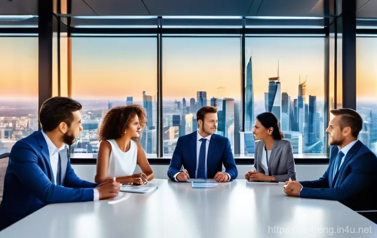 무역영어 자격증과 관련된 실무 경험 공유 - **Image Prompt 1: "Global Business Communication Hub"**
    A diverse group of five professionals, i...