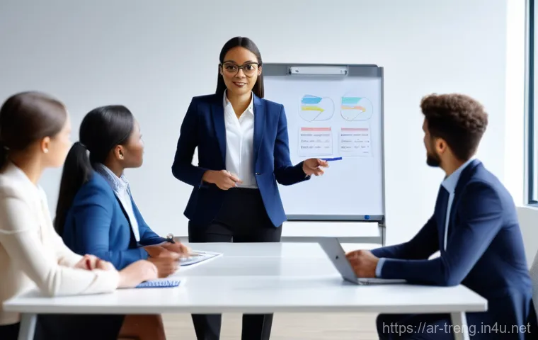 무역영어 실기시험 대비에서 자주 묻는 질문 - **Prompt:** A young, diverse group of three to four ambitious professionals, dressed in smart busine...