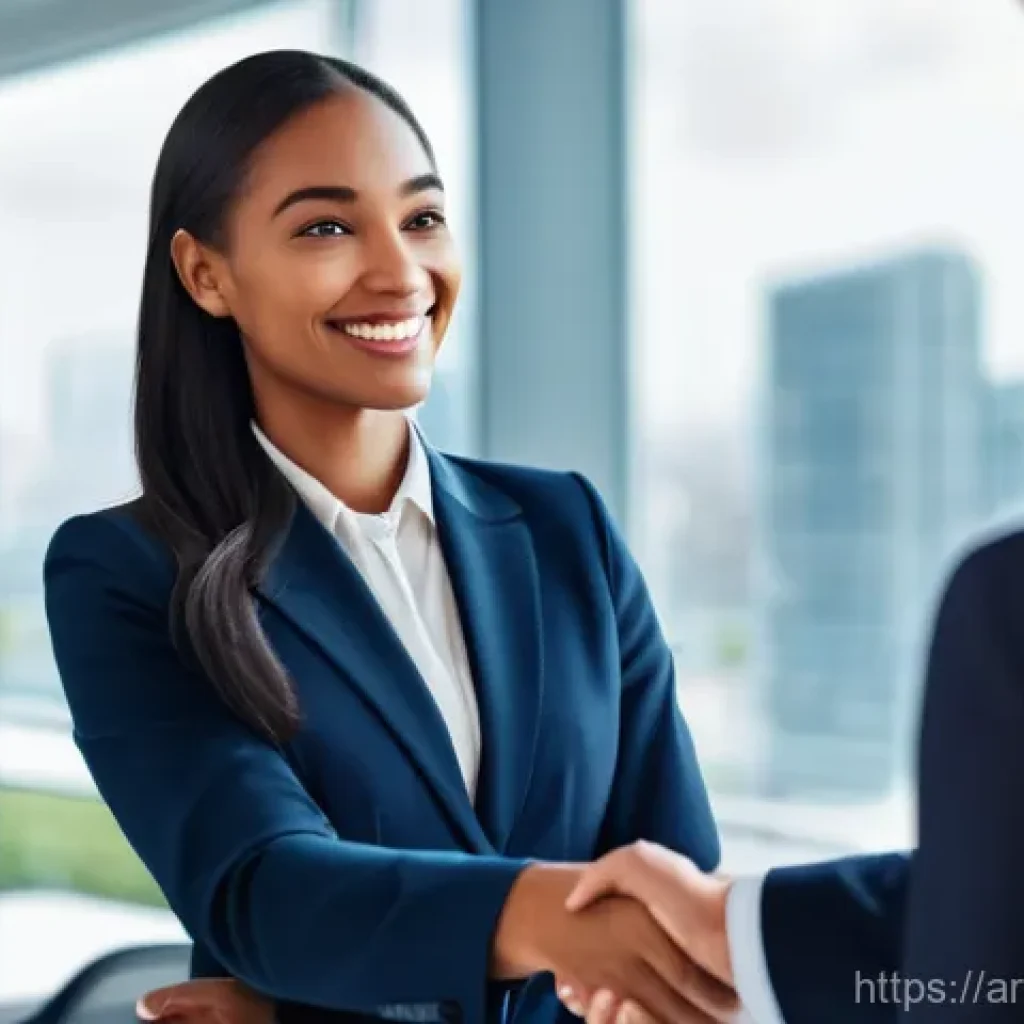 무역영어 자격증의 국제 무역에서의 활용 - A professional, poised individual, dressed in smart, modest business attire, confidently shaking han...