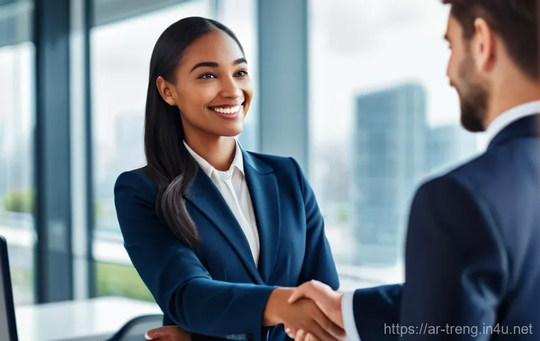 무역영어 자격증의 국제 무역에서의 활용 - A professional, poised individual, dressed in smart, modest business attire, confidently shaking han...