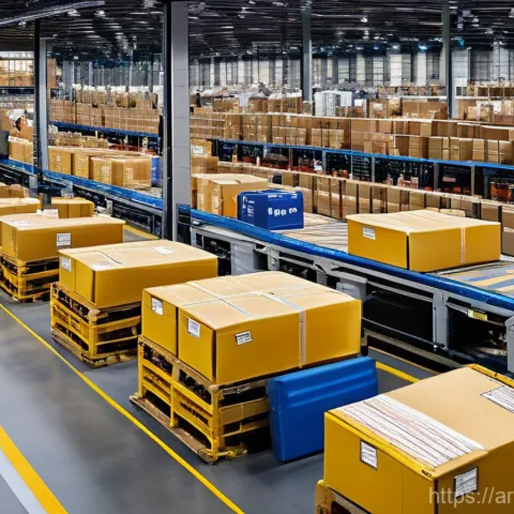 무역영어 자격증과 연계된 산업 - **Prompt:** A dynamic, wide-angle shot of a modern e-commerce fulfillment center in a bustling Middl...