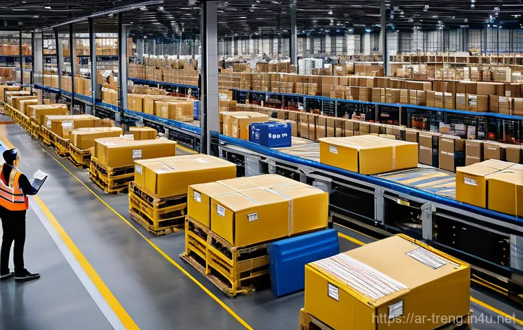 무역영어 자격증과 연계된 산업 - **Prompt:** A dynamic, wide-angle shot of a modern e-commerce fulfillment center in a bustling Middl...