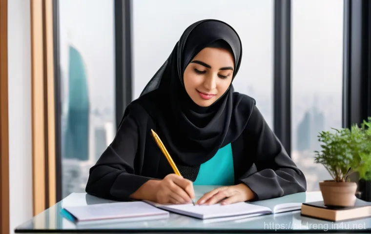 무역영어 시험 대비 자료 제작과 활용 사례 연구 - **Prompt:** A young, determined Arab professional, either male or female, deeply focused on studying...