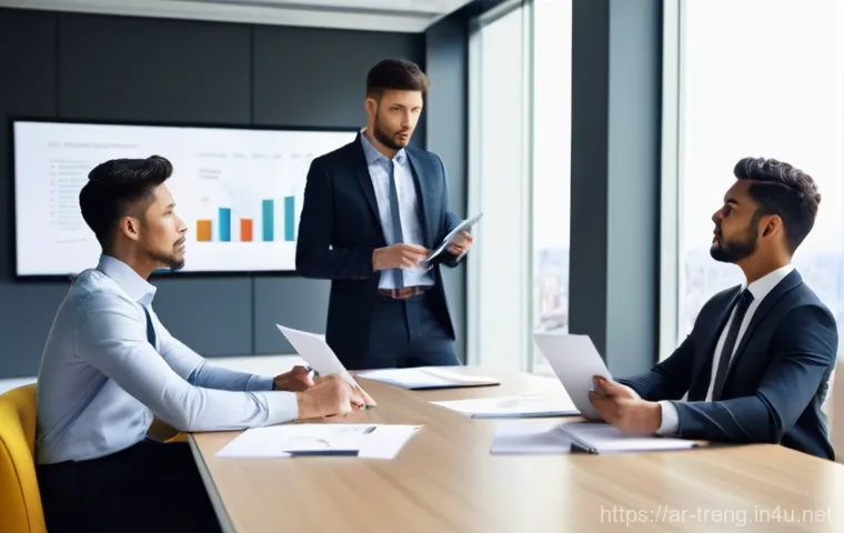 무역영어 학습자가 주의해야 할 실수 - **Prompt:** A diverse group of four professionals, two men and two women of various ethnicities, are...