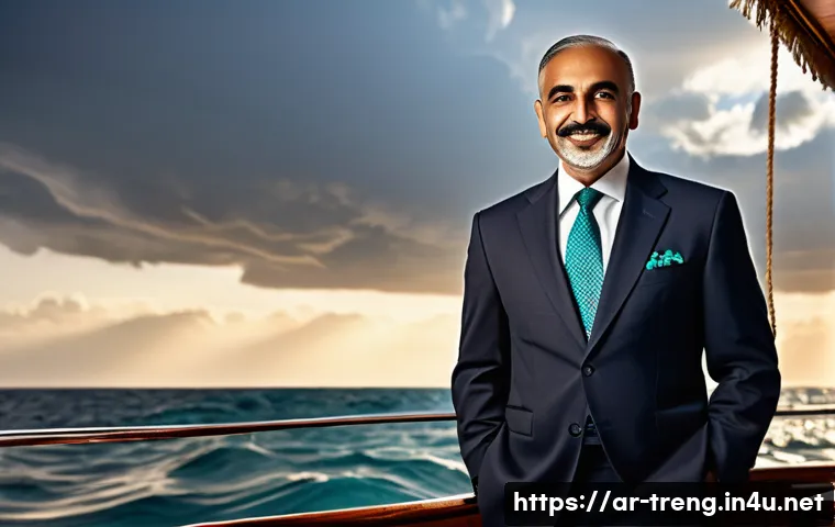무역영어와 국제 시장 동향 - **Prompt: "The Merchant's Compass in a Global Ocean"**
A wise and determined Arab businessman, a...