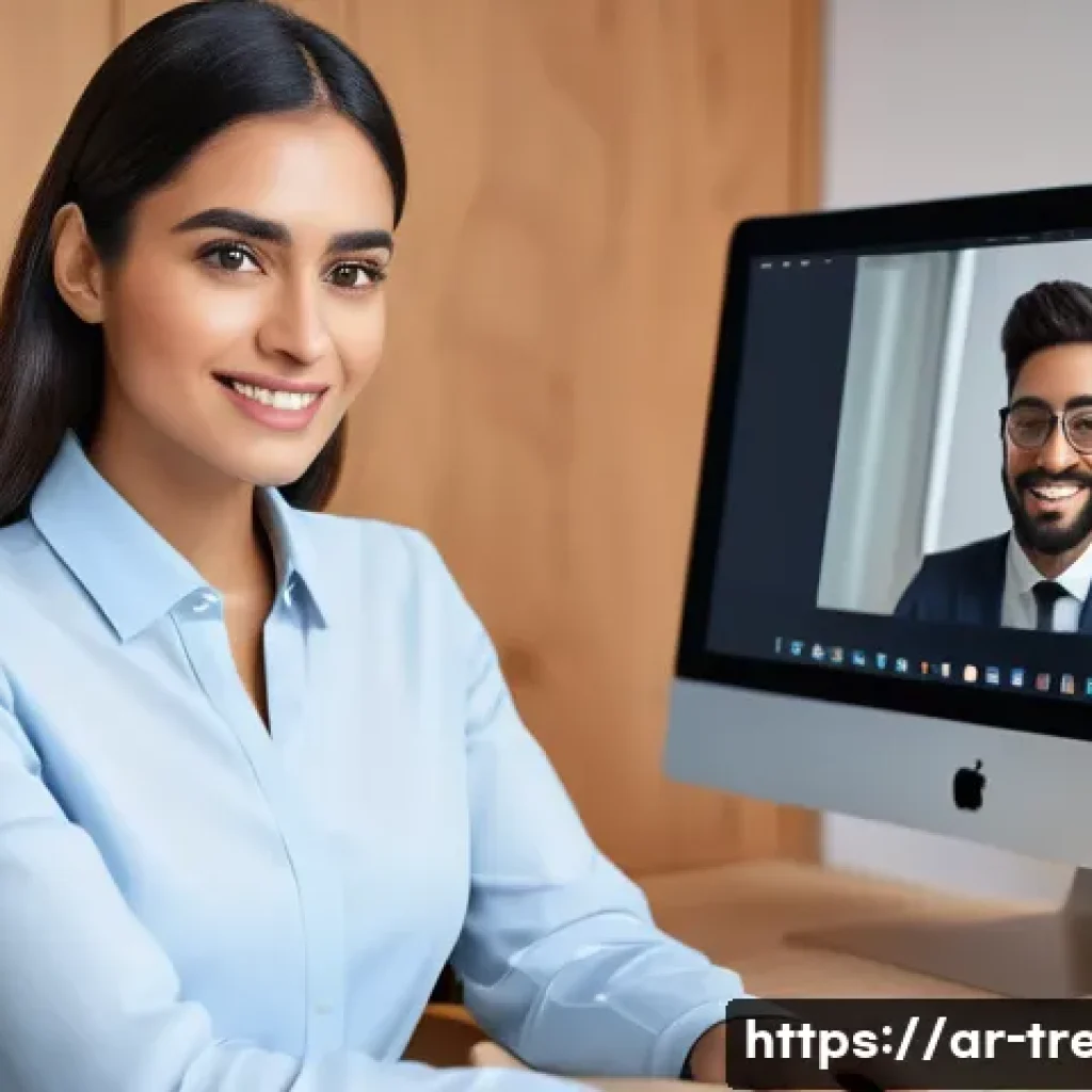 무역영어 실무 사례 - **Professional in a Virtual Meeting**
"A diverse female professional, possibly of Arab descent, ...