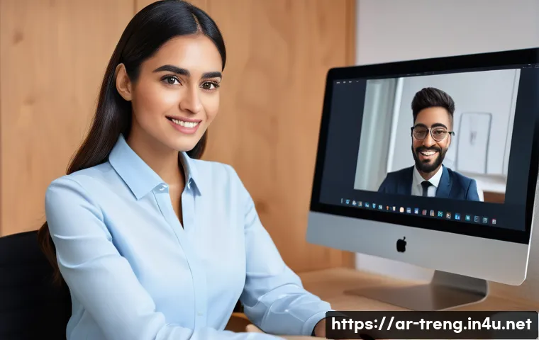 무역영어 실무 사례 - **Professional in a Virtual Meeting**
"A diverse female professional, possibly of Arab descent, ...