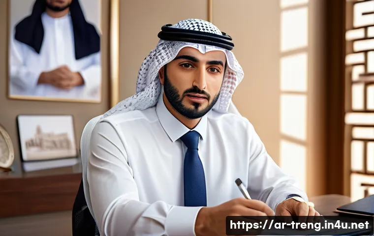 무역영어 자격증으로 연봉 협상 성공하기 - A professional Arab businessman in a modern office setting, confidently negotiating a contract with ...