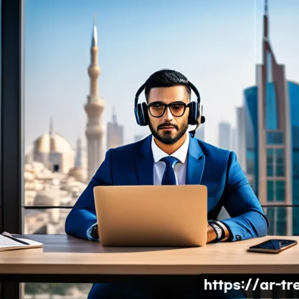 무역영어 학습법을 개선하는 팁 - A professional Arabic male businessperson wearing a smart suit and glasses, attentively listening wi...