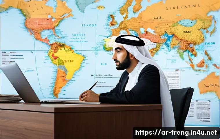 무역영어 실기시험을 위한 핵심 노트 - A detailed and realistic office scene showing an Arab international trade professional at a modern d...
