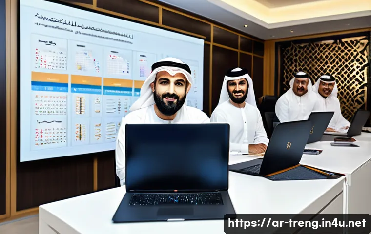 무역영어 학습 자료의 체계적 정리법 - A modern Arab office setting with a diverse group of professional men and women engaged in a busines...
