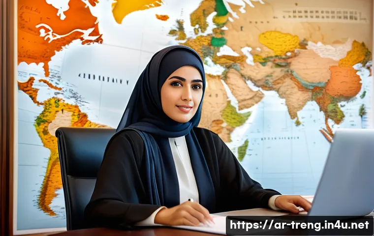 무역영어 실기 과목 심층 분석 - A professional Arab businesswoman in traditional attire, sitting confidently at a modern office desk...
