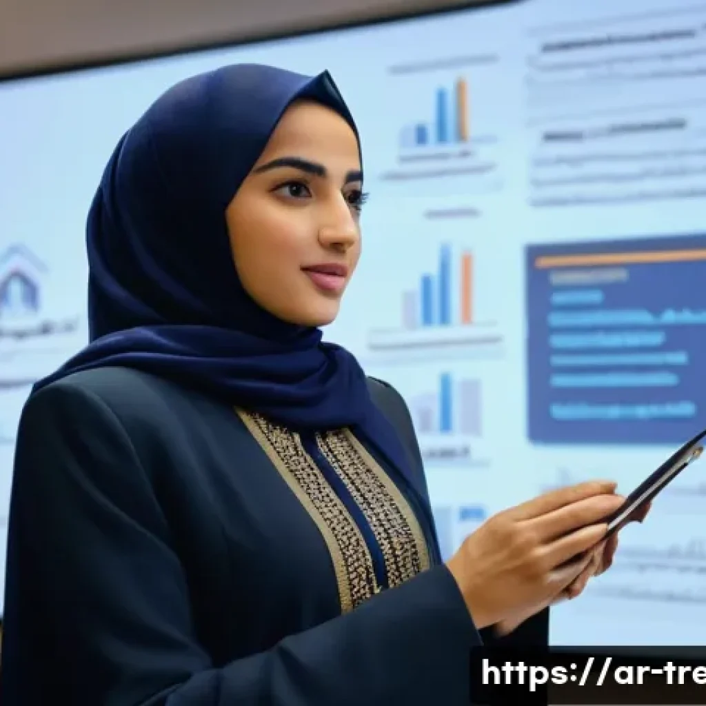 무역영어 자격증으로 해외 인턴십 지원 - A modern office setting showcasing a young Arab professional woman in business attire delivering a c...