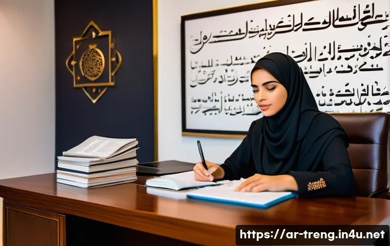 무역영어 시험에서 고득점한 비결 - A modern study room setting with an Arab young professional woman wearing modest business attire, se...