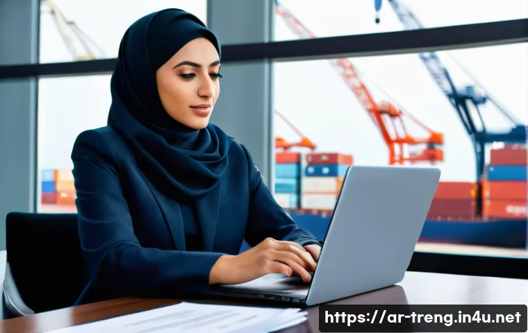 무역영어 실기시험의 주요 포인트와 사례 - A professional Middle Eastern businesswoman in modern office attire sitting at a sleek desk, deeply ...
