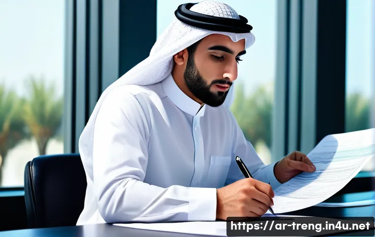 무역영어 초보자를 위한 학습법 - A professional Arab businessman in a modern office setting, reviewing a detailed commercial invoice ...