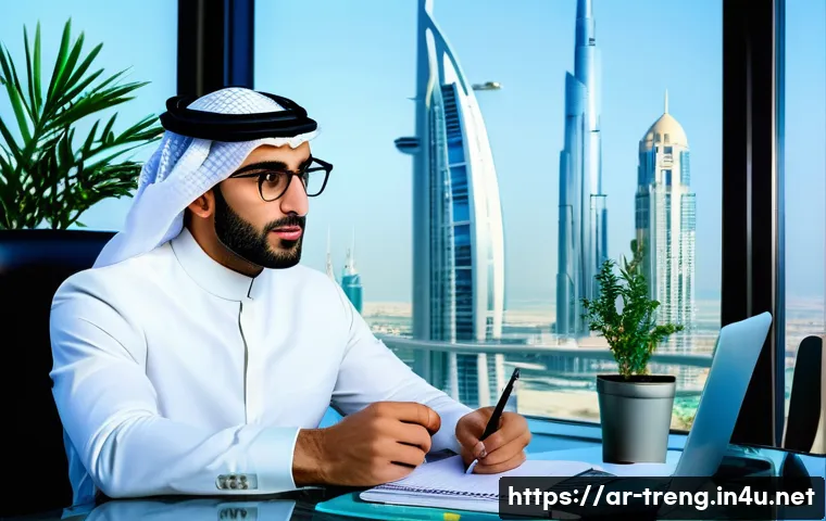 무역영어 초보자와 고급자를 위한 학습 전략 - A professional Arab man in his 30s, wearing a modern business suit and glasses, sitting at a sleek d...