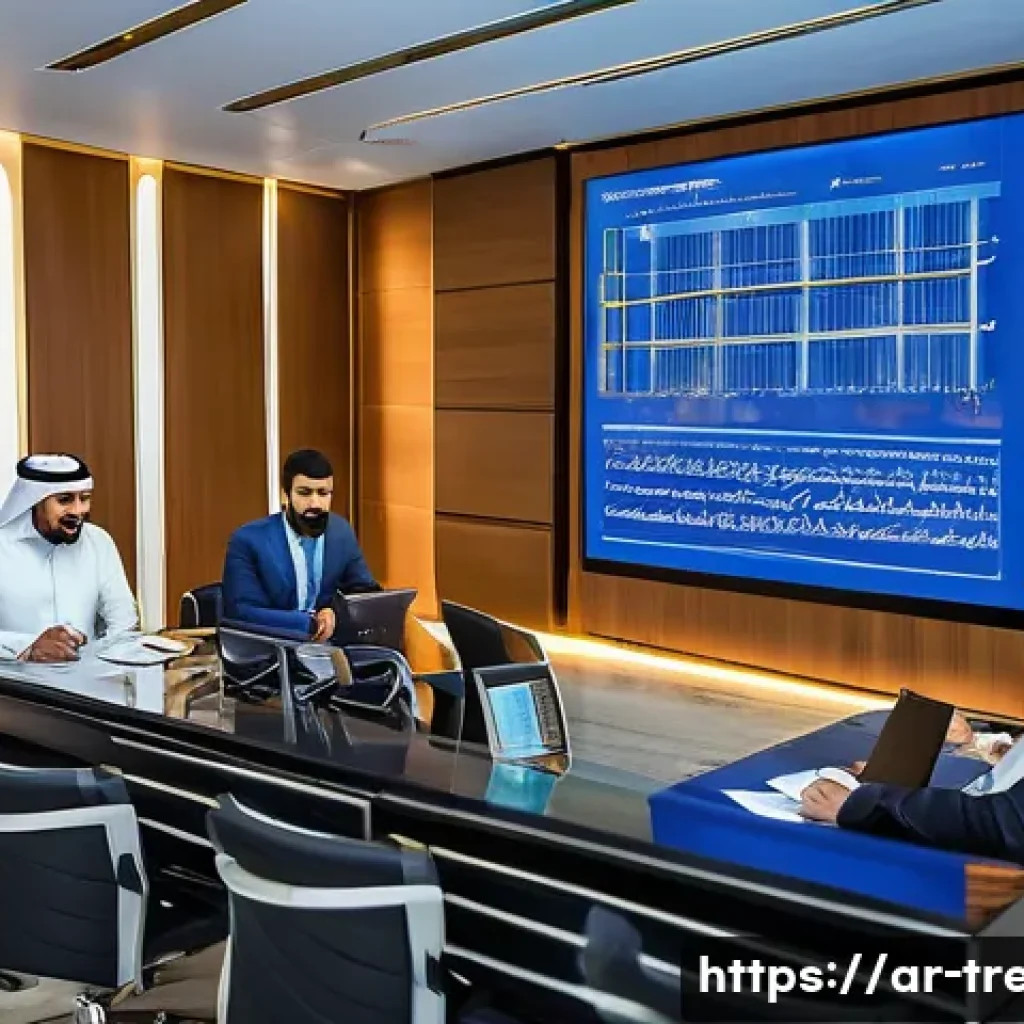 무역영어 시험에서 성공하는 노하우 - A modern office scene in Riyadh with a diverse group of Arab business professionals engaged in a mee...