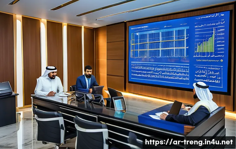 무역영어 시험에서 성공하는 노하우 - A modern office scene in Riyadh with a diverse group of Arab business professionals engaged in a mee...