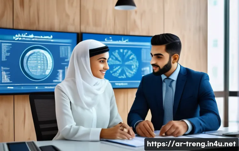 무역영어 시험 대비와 실전 문제풀이 - A modern Middle Eastern office scene showing a professional Arab man and woman collaborating on inte...