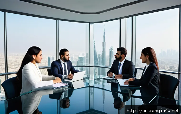 무역영어 시험 준비와 자격증의 장기적 효과 - A modern international business meeting scene featuring diverse professionals from Middle Eastern ba...