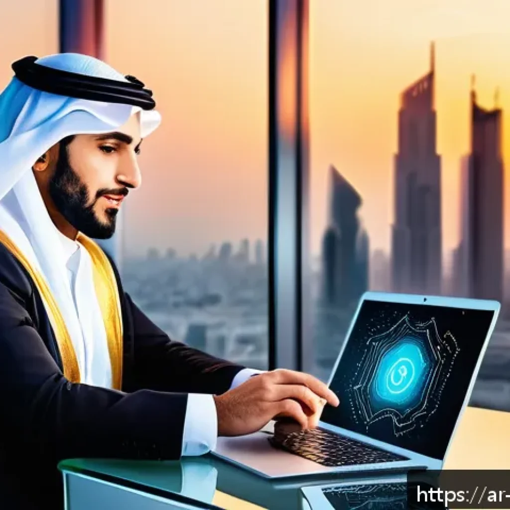 무역영어와 무역 정책 변화 분석 - A modern digital marketplace scene set in a Middle Eastern urban environment, featuring diverse Arab...