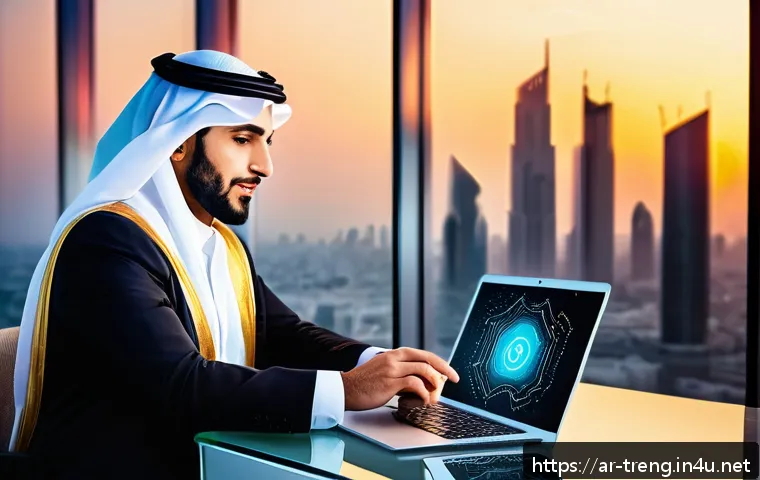 무역영어와 무역 정책 변화 분석 - A modern digital marketplace scene set in a Middle Eastern urban environment, featuring diverse Arab...