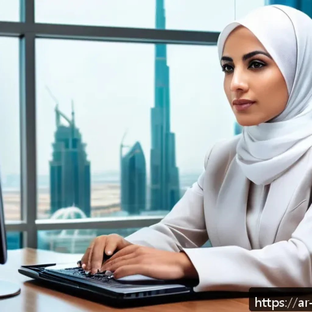 무역영어 시험 결과 활용법 - A professional Middle Eastern businesswoman in modern formal attire, sitting confidently at a sleek ...