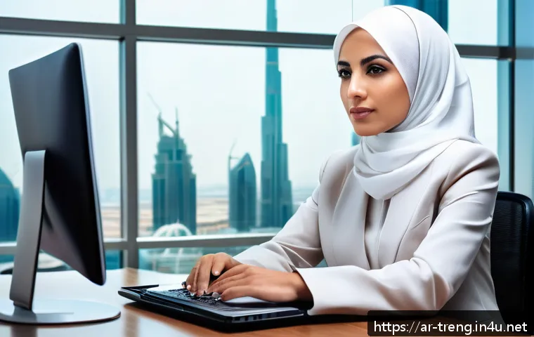 무역영어 시험 결과 활용법 - A professional Middle Eastern businesswoman in modern formal attire, sitting confidently at a sleek ...
