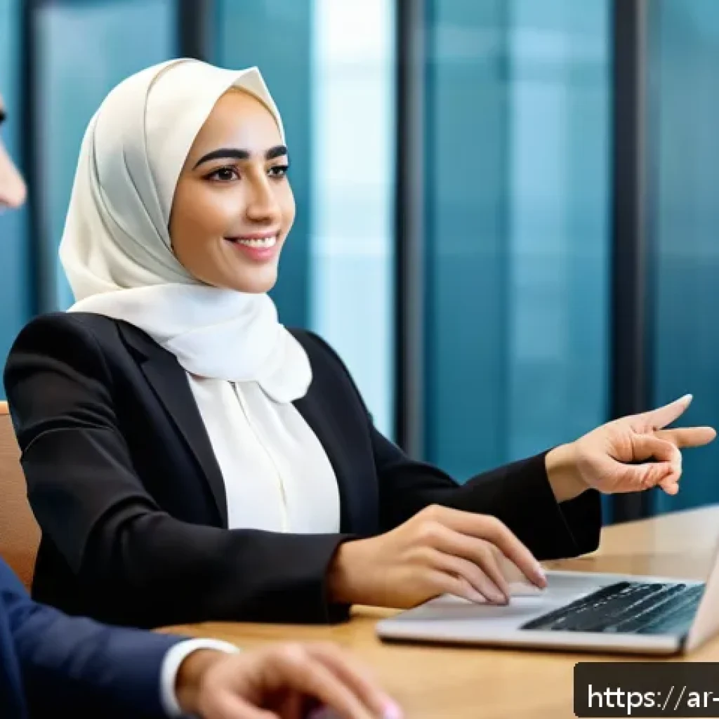 무역영어 취업 활용 사례 - A professional Middle Eastern businesswoman wearing a stylish modest business suit and hijab, confid...