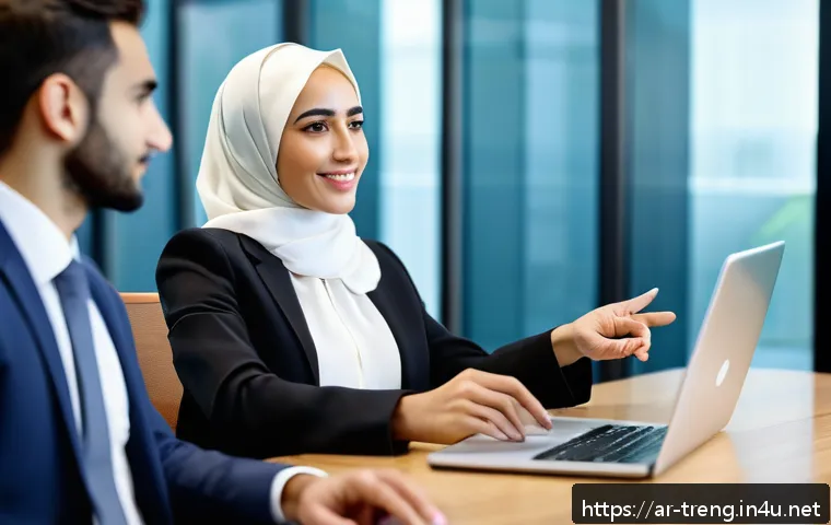 무역영어 취업 활용 사례 - A professional Middle Eastern businesswoman wearing a stylish modest business suit and hijab, confid...