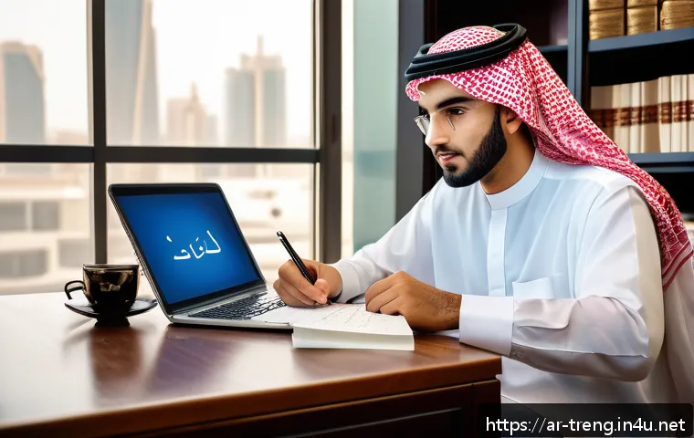 무역영어 필기시험 대비 자료의 체계적 분석 - A detailed scene of a young Arab student in traditional modest attire studying international busines...