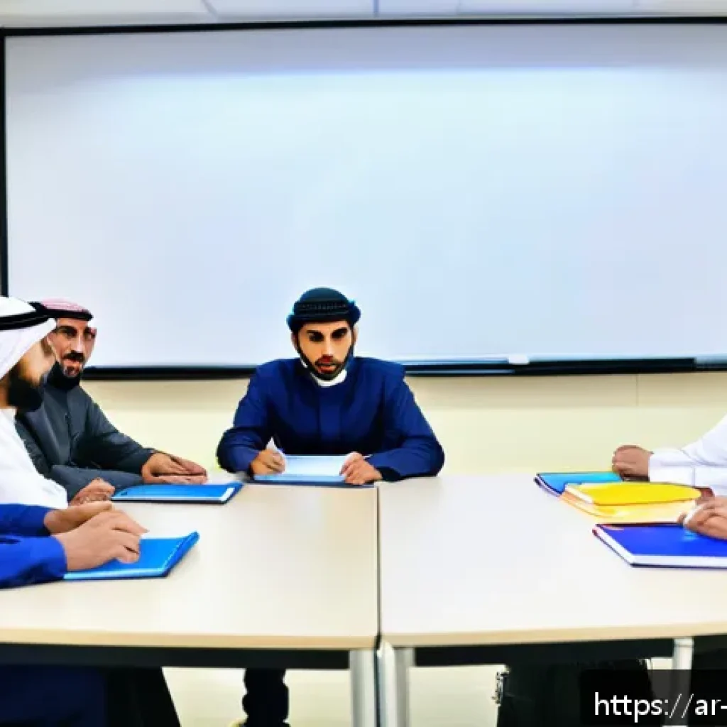 무역영어 시험 대비와 학습법의 효과적 적용 - A modern business classroom scene in a Middle Eastern setting, featuring a diverse group of Arabic-s...