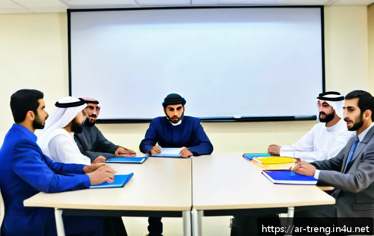 무역영어 시험 대비와 학습법의 효과적 적용 - A modern business classroom scene in a Middle Eastern setting, featuring a diverse group of Arabic-s...