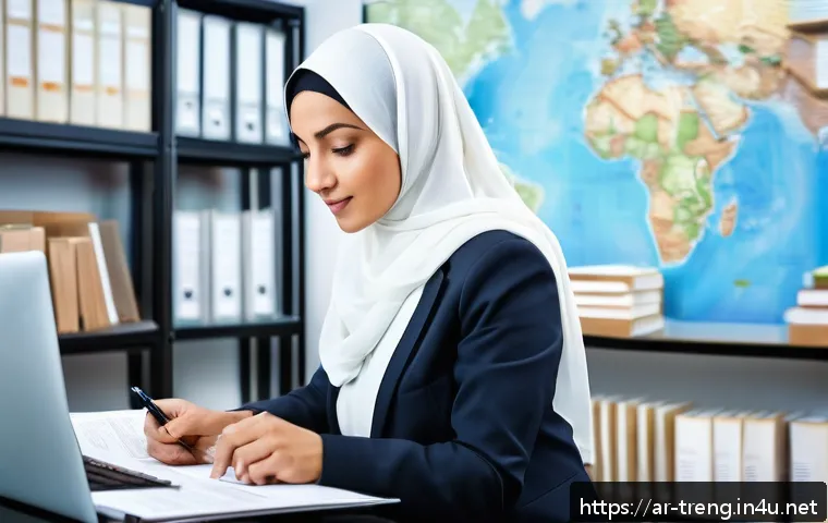 무역영어 자격증과 비즈니스 윤리 학습 - A professional Middle Eastern businesswoman in a modern office setting, wearing modest business atti...