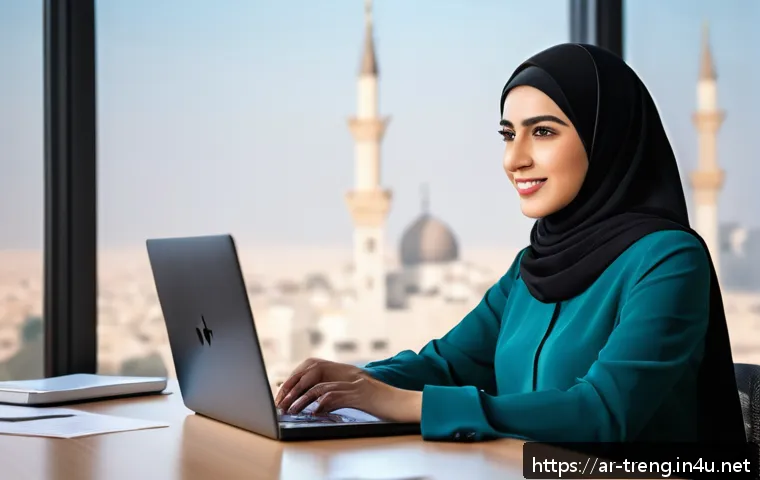무역영어 학습법의 효율적 개선과 자료 활용 사례 연구 - A professional Middle Eastern woman in modern business attire, wearing a modest blouse and skirt, se...
