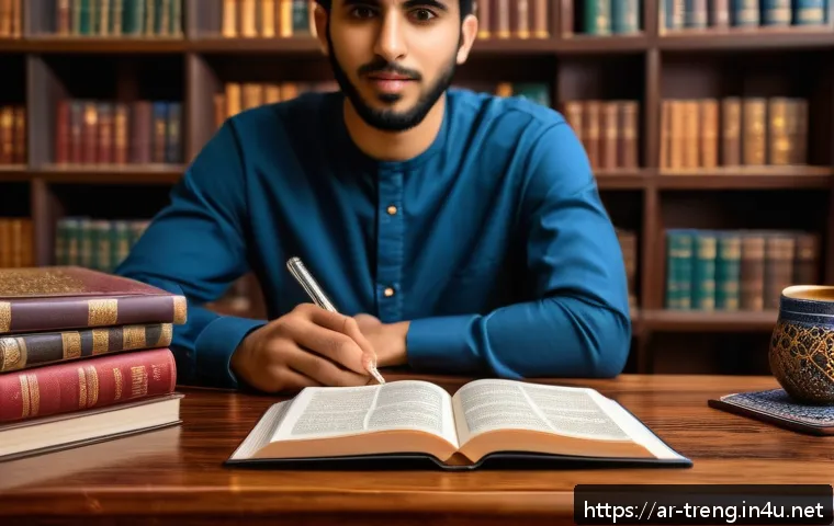 무역영어 실기시험 시 유의사항 - A professional Middle Eastern student sitting at a modern study desk filled with international trade...